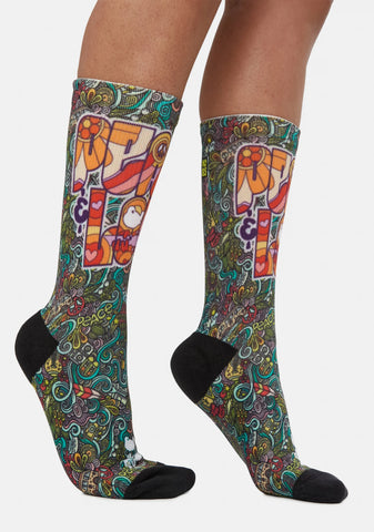 Peace And Love Printed Crew Socks