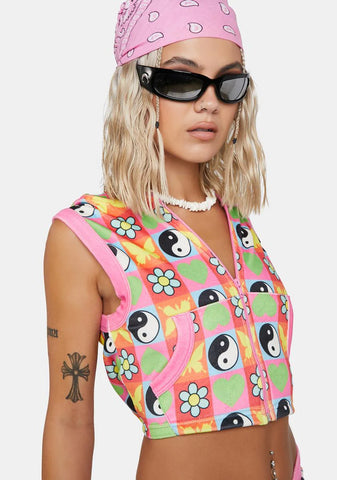 Velour Yin Yang Print Vest Hoodie