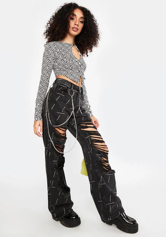 High Rise Baggy Boyfriend Jeans With Chain Detail And Distressing