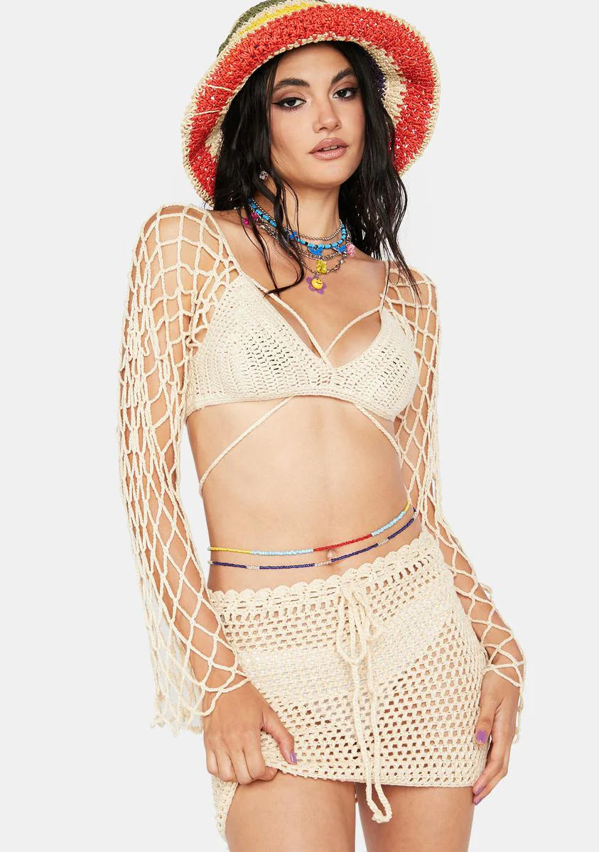 Beige Day In The Sun Crochet Skirt Set