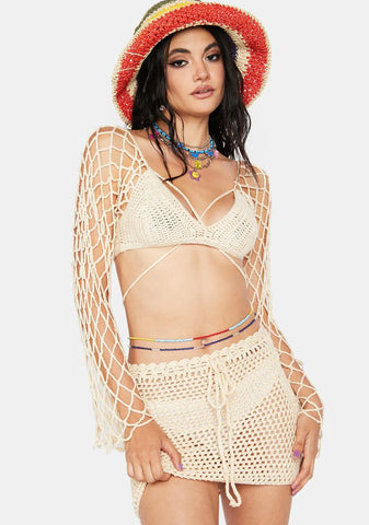 Beige Day In The Sun Crochet Skirt Set