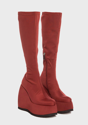 Red Roxy Wedge Knee High Boots