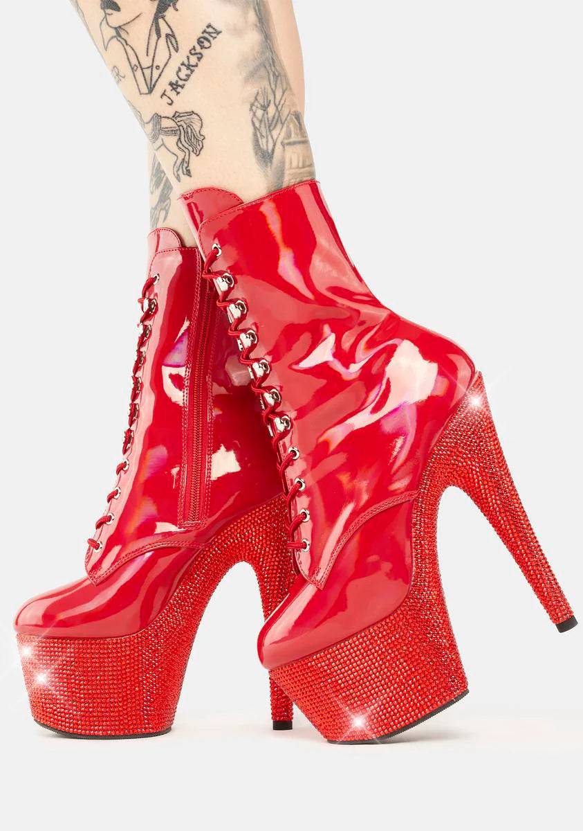 Red Bejeweled-1020-7 Platform Heels