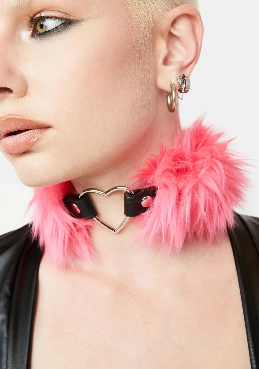 Pink Faux Fur Heart Choker