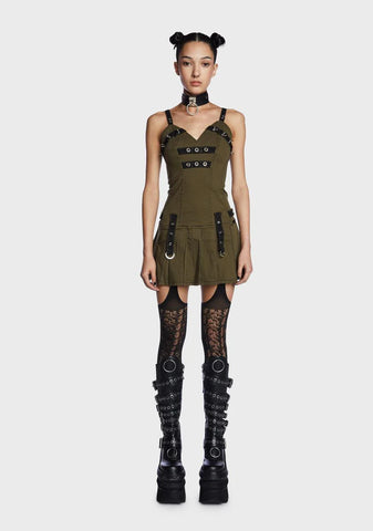 Army Pleated Mini Dress