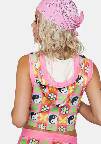 Velour Yin Yang Print Vest Hoodie