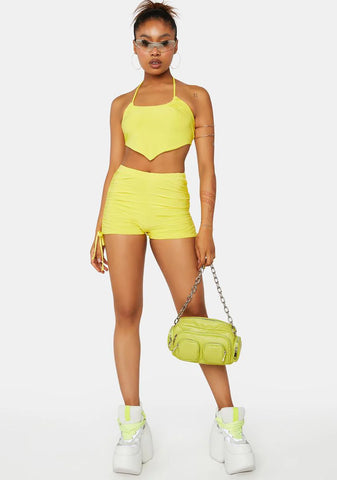 Sulphur Yellow Ruched Tie Side Booty Shorts