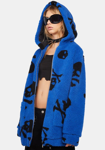 Skull On My Sleeve Sherpa Jacket - Blue