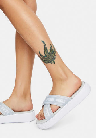 White Suede Tape Platform Slide Sandals