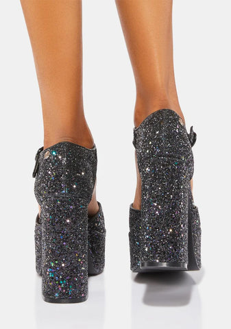 Rage Black Glitter Platform Heels