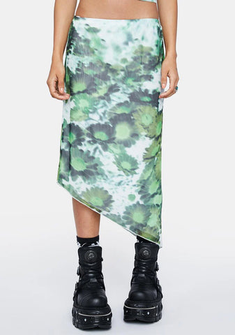 Xray Blurred Daisy Green Mesh Tansu Midi Skirt
