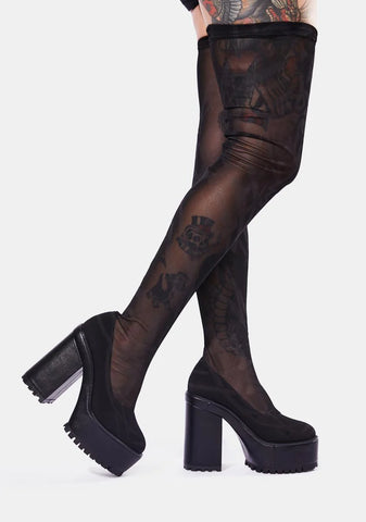 Snare Tattoo Print Mesh Thigh High Boots