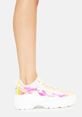 Iridescent Yellow Snake Platform Sneakers