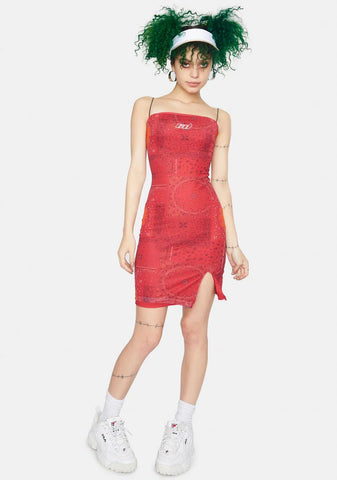 Red Satin Bandanna Straight Neck Cami Dress