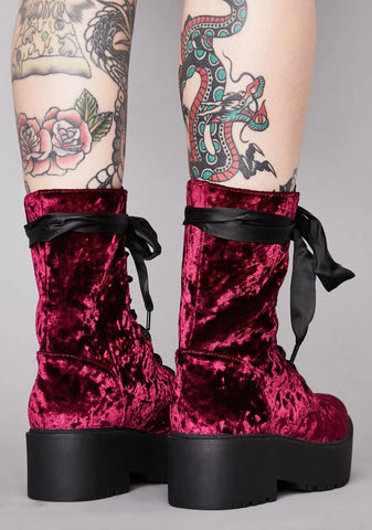 Wine Sin-Struck Strides Velvet Boots