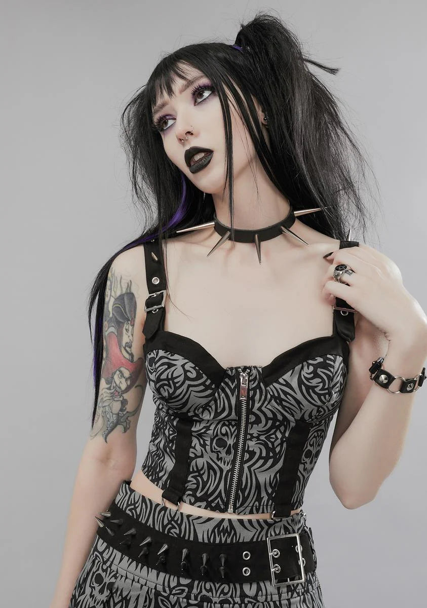 Was Warped Tattoo Print Bustier Top