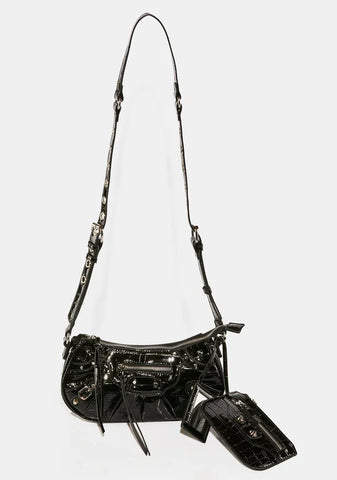Trackstar Black Croc Shoulder Bag
