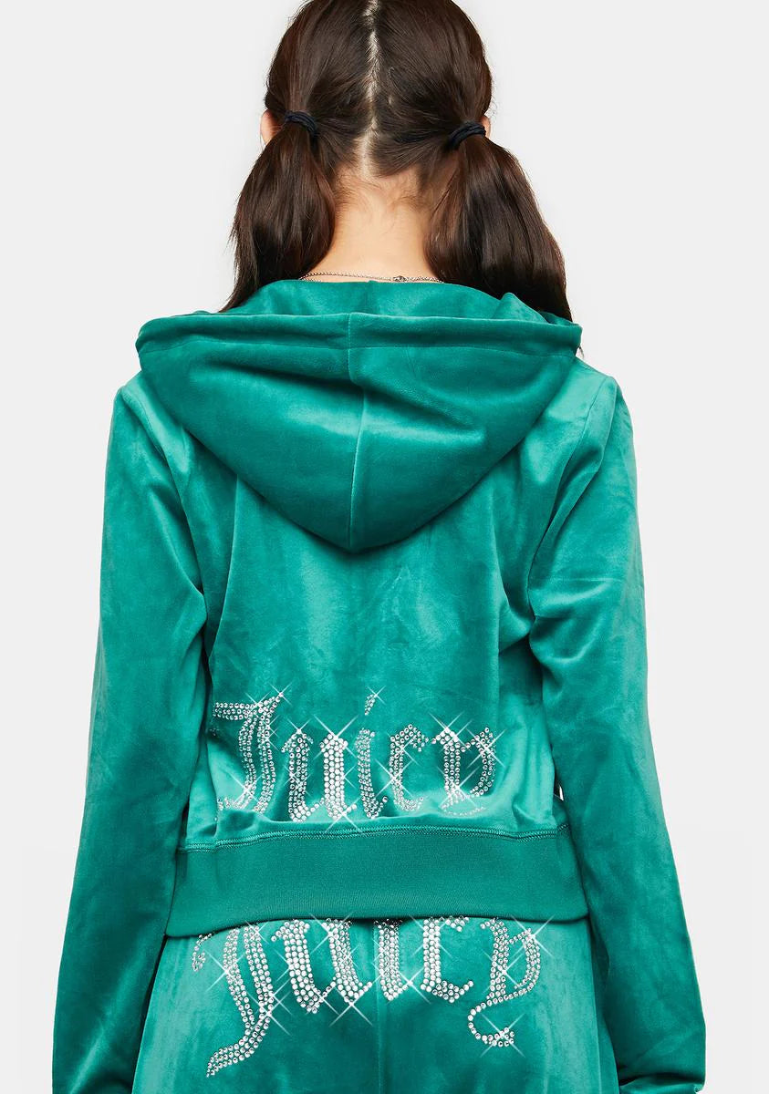 Jade Green Rhinestone Logo Zip-Up Hoodie