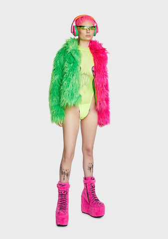 Balancing Act Faux Fur Jacket - Pink/Green