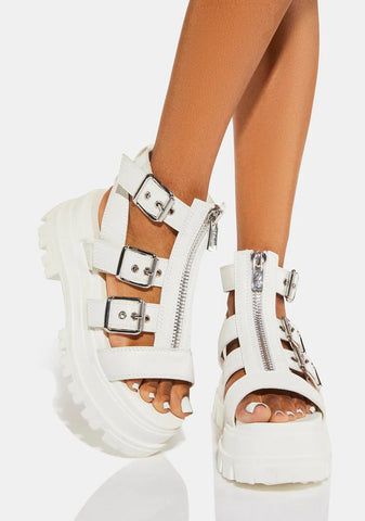 White GLD Zip Platform Sandals