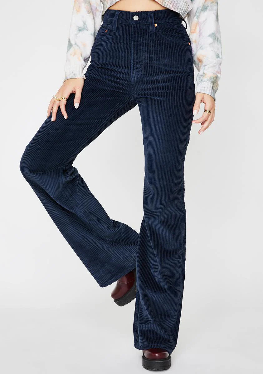 Navy Blue Ribcage Wide Leg Corduroy Pants