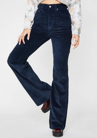 Navy Blue Ribcage Wide Leg Corduroy Pants