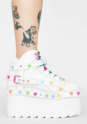 White Qozmo Bondage Rainbow Heart Platform Sneakers