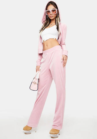 Rose Luxe Velour Rhinestone Logo Sweatpants