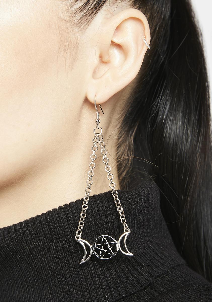 Moon Goddess Pentagram Chain Drop Earrings