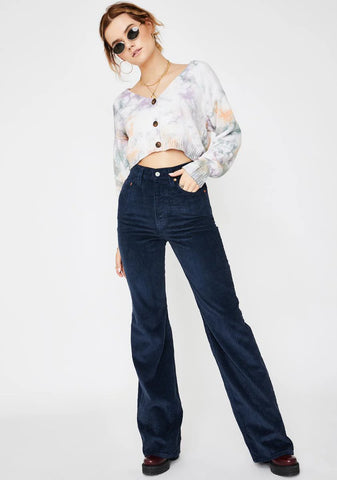 Navy Blue Ribcage Wide Leg Corduroy Pants