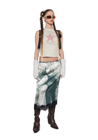 Satin Midi Skirt With Lace Hem