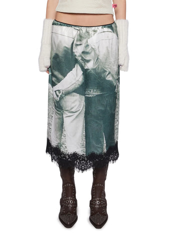 Satin Midi Skirt With Lace Hem