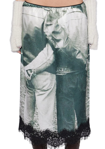 Satin Midi Skirt With Lace Hem