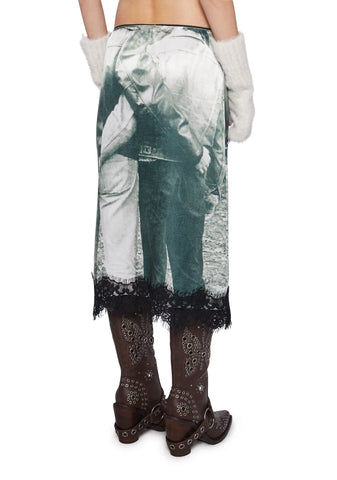 Satin Midi Skirt With Lace Hem