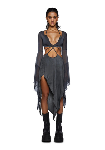 Echo Asymmetrical Mesh Wrap Dress - Dark Gray