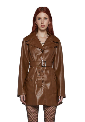 Rendezvous Vegan Leather Trench Coat - Brown