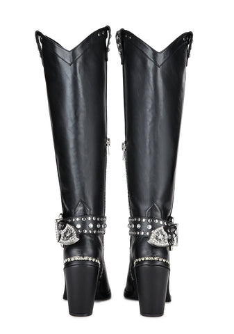 Sharp Sheriff Shine Knee High Boots - Black