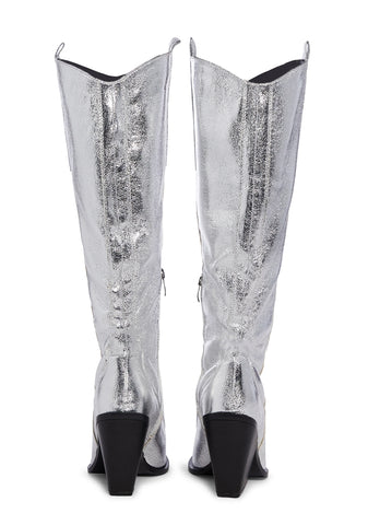 Nevada Knee High Wedge Cowboy Boots - Silver