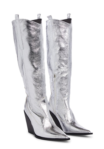 Nevada Knee High Wedge Cowboy Boots - Silver