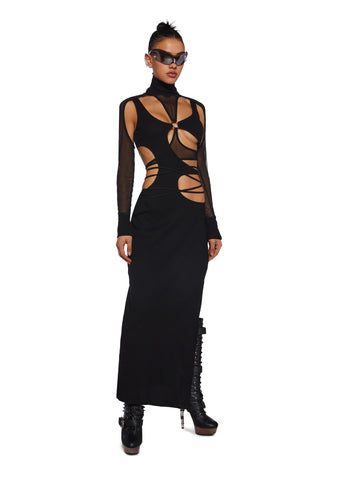Fader Mesh Ribbed Maxi Dress - Black