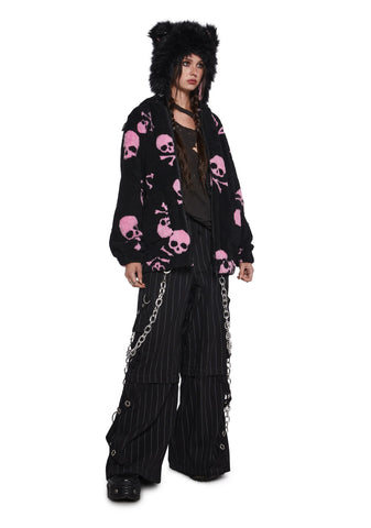Skull On My Sleeve Hooded Sherpa Jacket - Pink