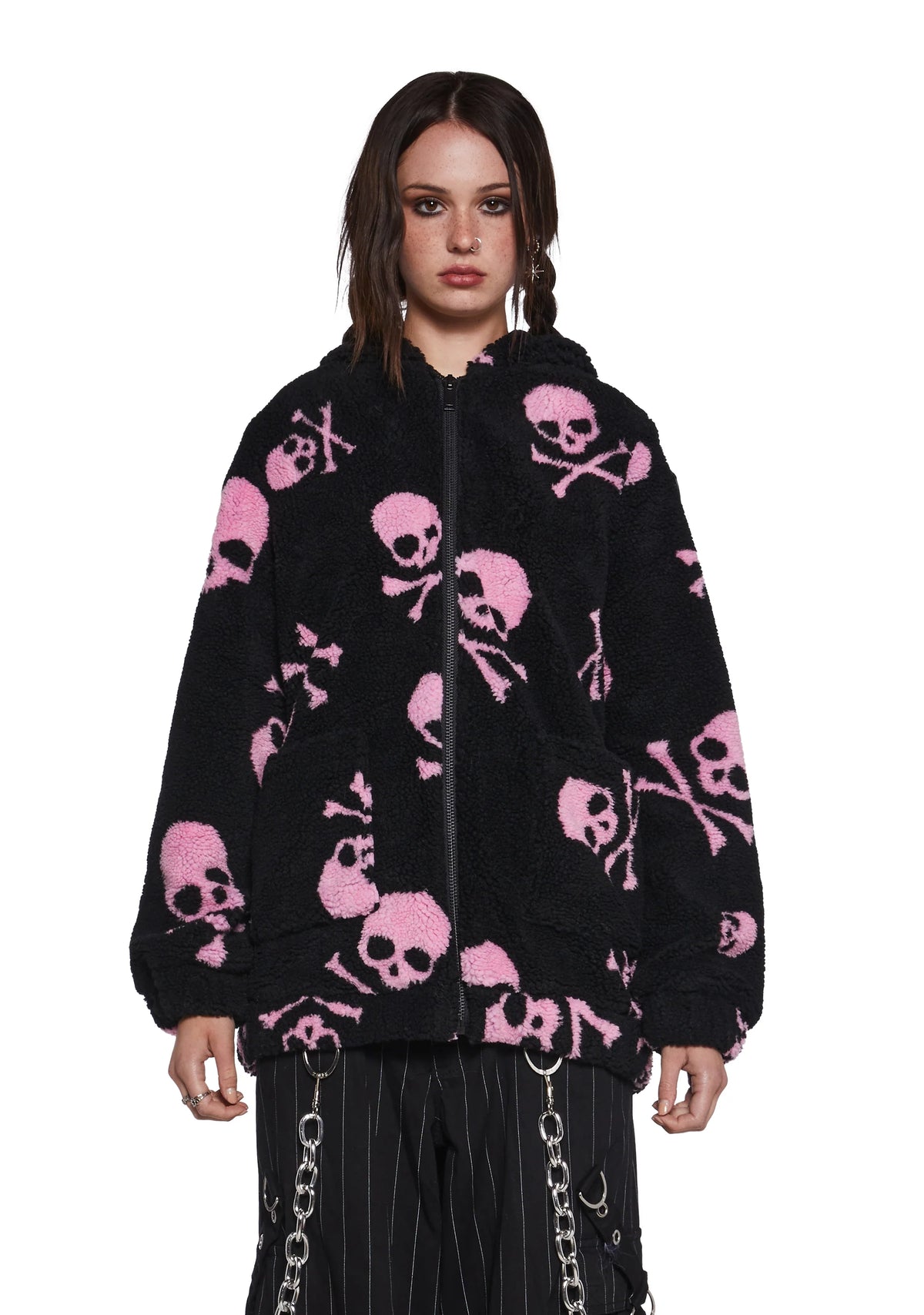 Skull On My Sleeve Hooded Sherpa Jacket - Pink