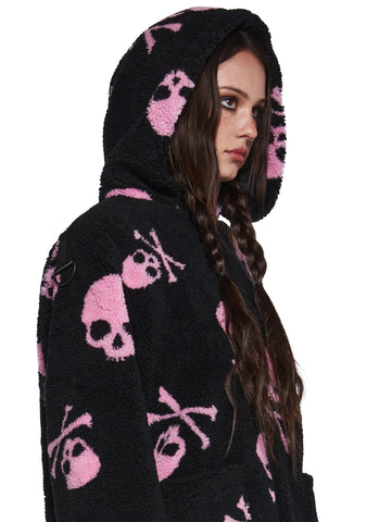 Skull On My Sleeve Hooded Sherpa Jacket - Pink