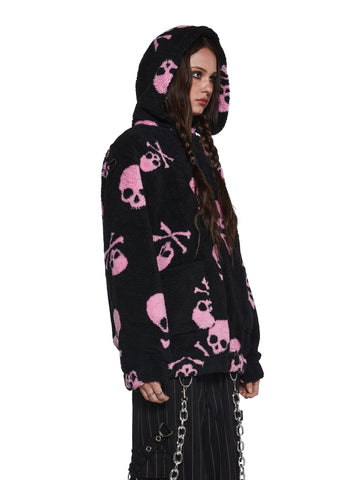 Skull On My Sleeve Hooded Sherpa Jacket - Pink
