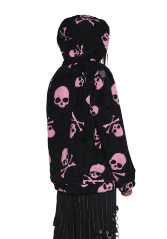 Skull On My Sleeve Hooded Sherpa Jacket - Pink