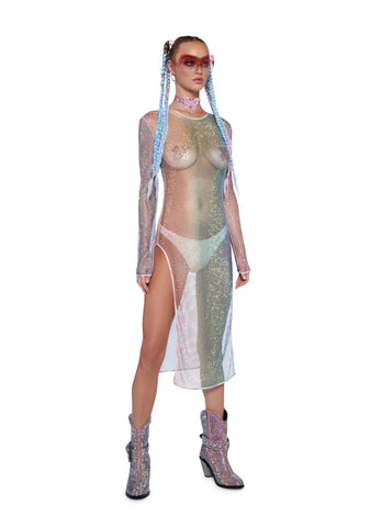 Starry Dancer Rhinestone Fishnet Dress - Rainbow