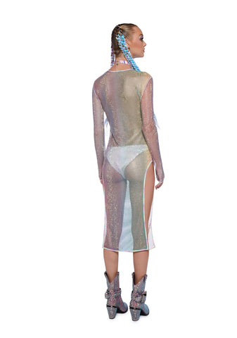 Starry Dancer Rhinestone Fishnet Dress - Rainbow