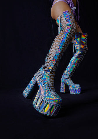 Rude Awakening Thigh High Boots - Holographic