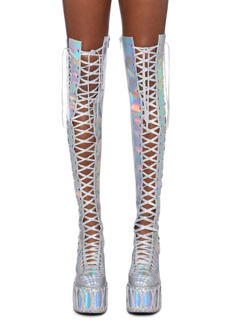 Rude Awakening Thigh High Boots - Holographic