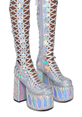 Rude Awakening Thigh High Boots - Holographic